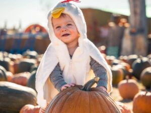 A baby in a Halloween costume on a pumpkin